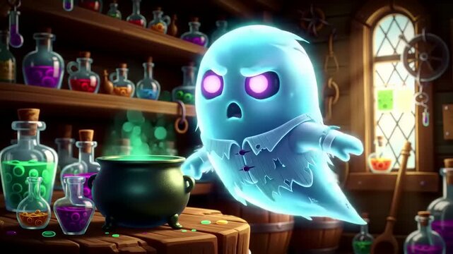 Glowing ghost stirs bubbling cauldron in dimly lit alchemist's workshop, creating spooky potion with magical ingredients for Halloween.