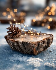 Wooden stump on snow sprinkled with frost and surrounded by blurred christmas bokeh lights in a festive composition