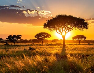 Obraz premium Golden African sunset over savanna