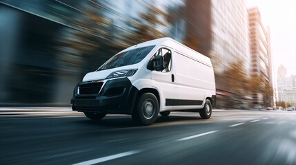 White cargo van driving fast on a city street with blurred buildings and motion blur