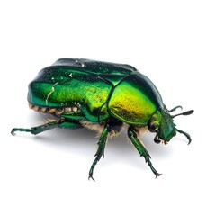 Vibrant green beetle, side profile, isolated on white