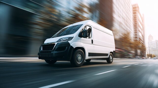 White cargo van driving fast on a city street with blurred buildings and motion blur