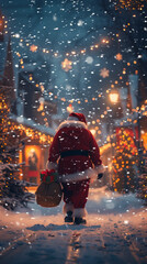 Santa Claus with gift bag walking on festive Christmas street with holiday lights and decorations