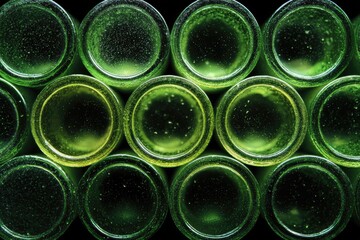 Close-up view of numerous, stacked, translucent green cylinders