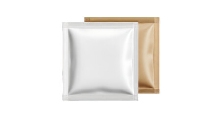 Blank sachet packaging mockup white and gold foil pouches isolated on transparent background