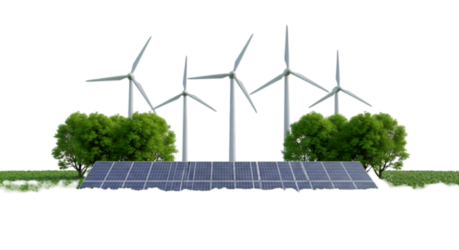 Wind Turbines and Solar Panels with Greenery renewable energy