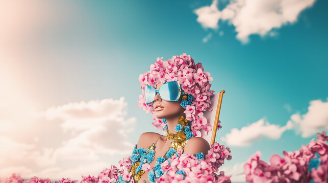 A futuristic female robot adorned with vibrant blue latex accents, surrounded by flowers, merging fashion and technology in a bold, innovative design, set against a simple pink background.