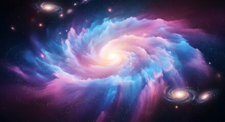 Obraz premium Vibrant Cosmic Cloud: Swirling Pink Blue Nebula forming Grand Spiral Galaxy Landscape