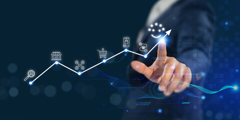 Enhancing customer satisfaction through digital experience. Interacting with a virtual interface the digital customer journey. Data driven solutions, user engagement and customer centric services.