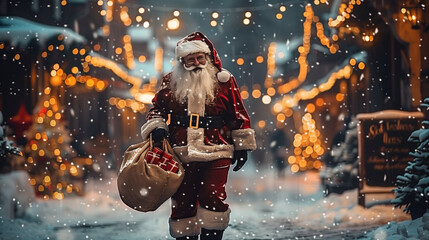 Santa Claus with gift bag walking on festive Christmas street with holiday lights and decorations