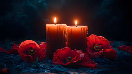 Red poppy flowers and burning candle banner with copy space for veterans day memorial or remembrance day. Symbol of Memorial Day Armistice day and Anzac Day background for design greeting card poster
