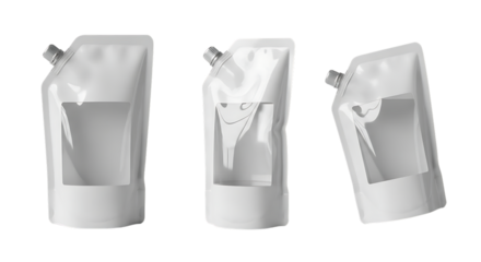 Three white spouted pouches for packaging food and liquids isolated on transparent background