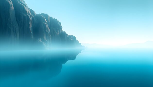 A serene landscape with rocky cliffs shrouded in mist, reflecting in the calm, blue water under a bright, clear sky. - Powered by Adobe