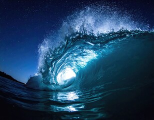 Blue wave curls under a starry night sky
