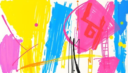 Abstract painting featuring vibrant splashes of yellow, blue, and pink, with black lines and geometric shapes on a white background.