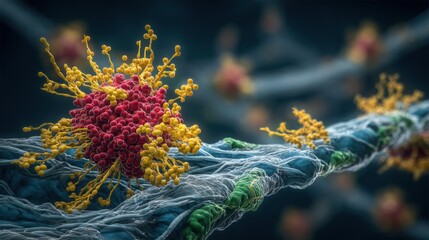 Naklejka premium Colorful Microscopic View of Cellular Structures Showcasing Intricate Details of Biological Activity
