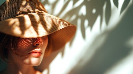 A woman wearing a straw hat stands against a wall with dramatic sunlight casting intricate shadows on her face, creating a natural artistic pattern and minimalist concept with copy space.