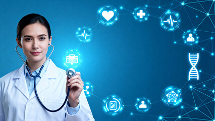 Woman doctor with stethoscope and medical icons