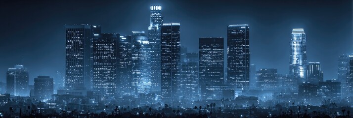 A city skyline at night, bathed in a cool, bluish light