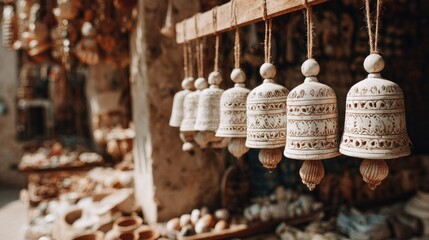 Ornate ceramic bells hang in a market stall.