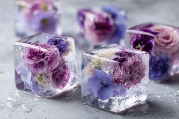 Floral ice cubes, various shades of purple and blue flowers in clear ice