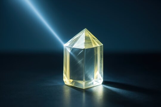Transparent yellow YAG crystal prism illuminated by focused light beam on dark surface