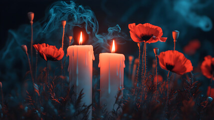 Red poppy flowers and burning candle banner with copy space for veterans day memorial or remembrance day. Symbol of Memorial Day Armistice day and Anzac Day background for design greeting card poster