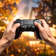 Hands holding a black video game controller outdoors, autumnal background