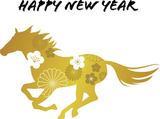 午年の年賀状素材　馬のシルエットと伝統模様