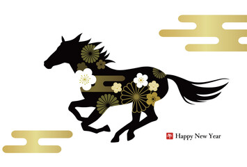 午年の年賀状素材　馬のシルエットと伝統模様