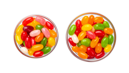 Jelly bean duo in glass dishes with rainbow colors and glossy textures, isolated on transparent background