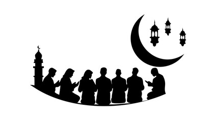 Silhouette of people praying with mosque, crescent moon, and lanterns in black and white illustration