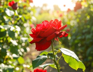 Vibrant red rose in a garden bathed in sunlight