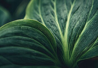 Close-up of overlapping dark green leaves with light green veins