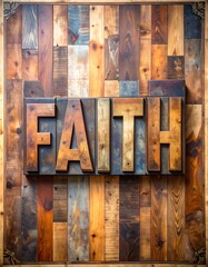 Wooden word art of "Faith" on a multi-toned plank wall