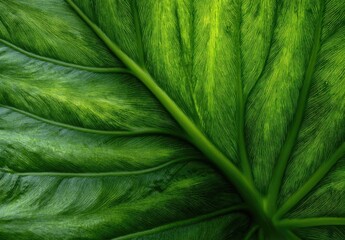 Close-up view of a large, vibrant green leaf, exhibiting intricate veining and texture