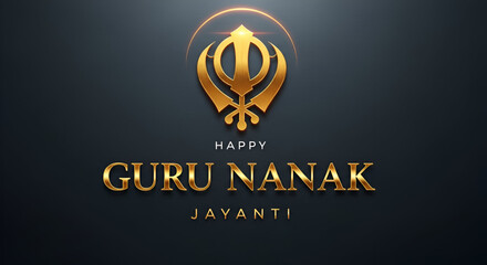 ​A Happy Guru Nanak Jayanti Greeting With A Golden 3D Khanda Symbol And Luminous Gold Text
