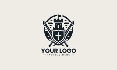 Obraz premium Powerful black vector logo illustration of a medieval castle crest featuring crossed swords and a shield for security branding