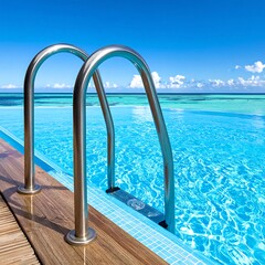 Oceanfront pool with stainless steel steps.  Turquoise water, wooden deck.  Bright, sunny day