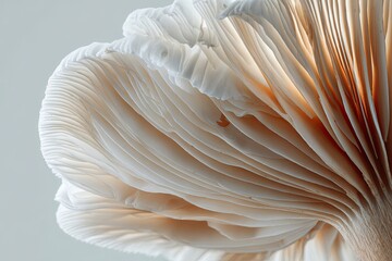 Close-up of a mushroom's delicate, folded gills.  Soft, pale beige and off-white hues.  Abstract, natural textures