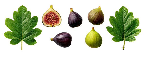 Assortment of fresh figs and green leaves on transparent background