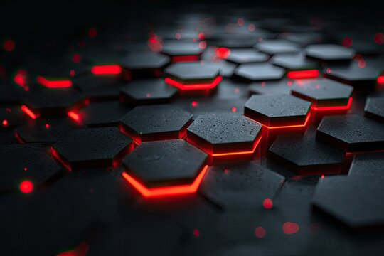 Dark, textured hexagonal grid illuminated by vibrant red neon lines, creating a futuristic, technological aesthetic with subtle bokeh