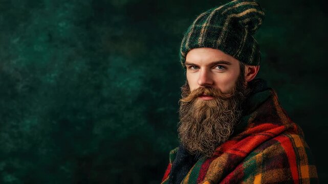 Caucasian male with beard wearing wool hat and plaid scarf