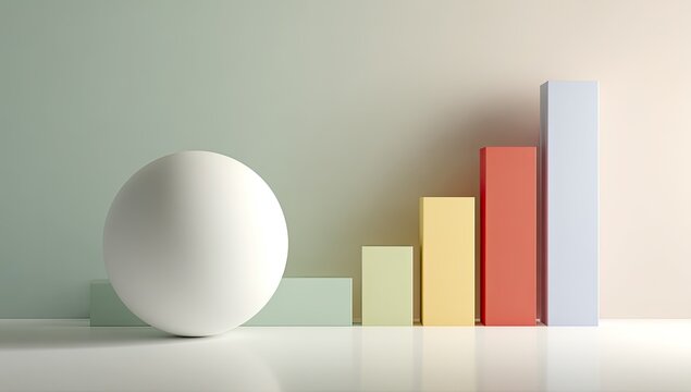 A large white sphere rests beside an ascending pastel bar graph on a reflective surface against a muted background