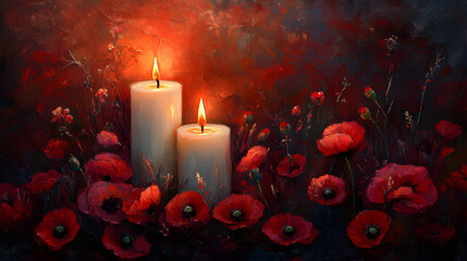 Red poppy flowers and burning candle banner with copy space for veterans day memorial or remembrance day. Symbol of Memorial Day Armistice day and Anzac Day background for design greeting card poster