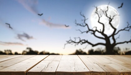 Old wood table and silhouette dead tree at night for Halloween background