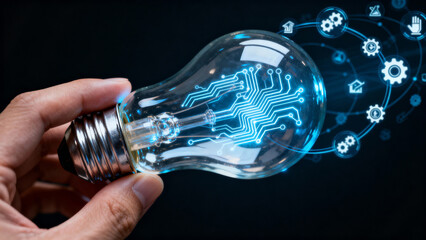 Hand Holding a Light Bulb with Integrated Microchip and Gear Icons for Tech Innovation Concept