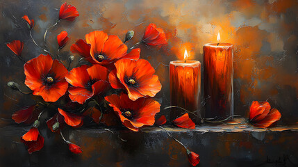 Red poppy flowers and burning candle banner with copy space for veterans day memorial or remembrance day. Symbol of Memorial Day Armistice day and Anzac Day background for design greeting card poster