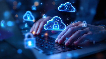 Hands Typing on Laptop with Floating Cloud and Padlock Icons for Cloud Security and Data Protection
