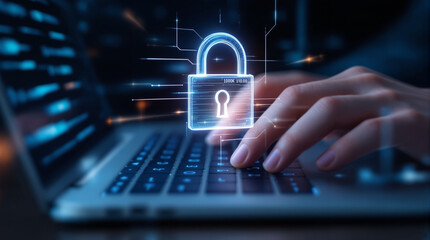 Woman Typing on Laptop Keyboard with Holographic Lock Icon Representing Cybersecurity